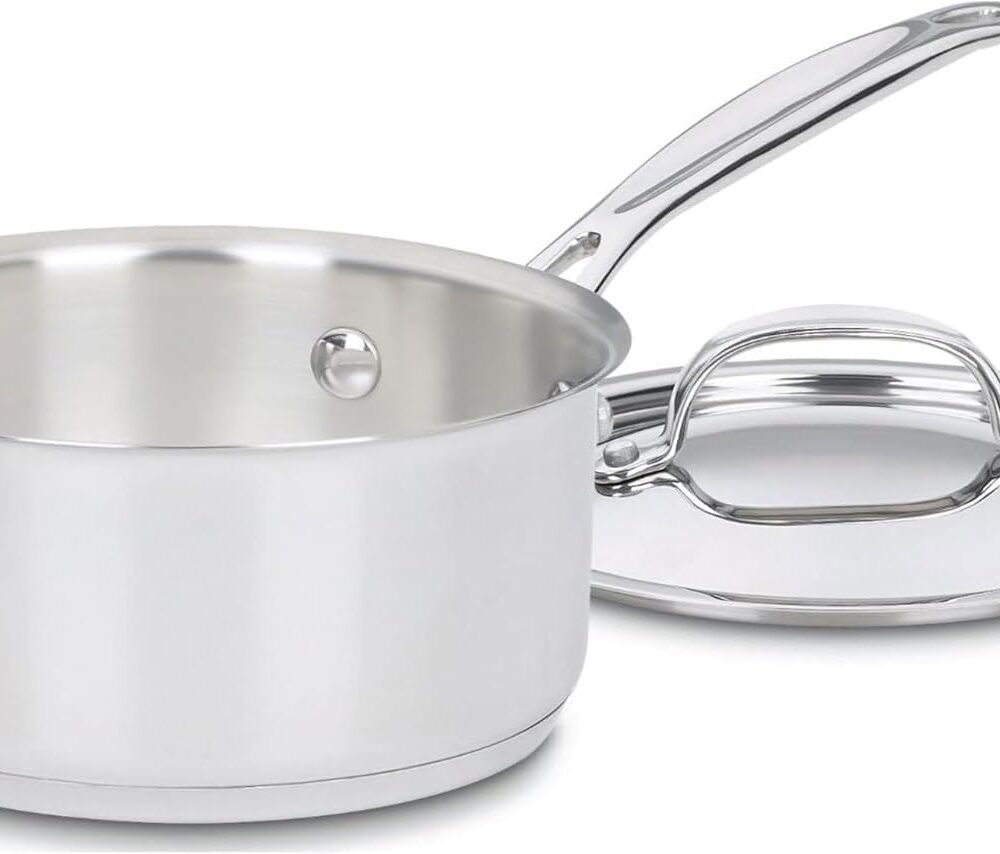 Cuisinart 1.5 Quart Sauce Pan with Cover, Stainless Steel Pot with Lid, Small Kitchen Pots, Dishwasher Safe, Compatible with Induction, Electric, Gas Cooktops, Oven Safe Saucepan, Cool Grip Handles | Stainless steel saucepan with aluminum encapsulated base for quick heating, dishwasher safe & oven safe to 550°F, 719-16
