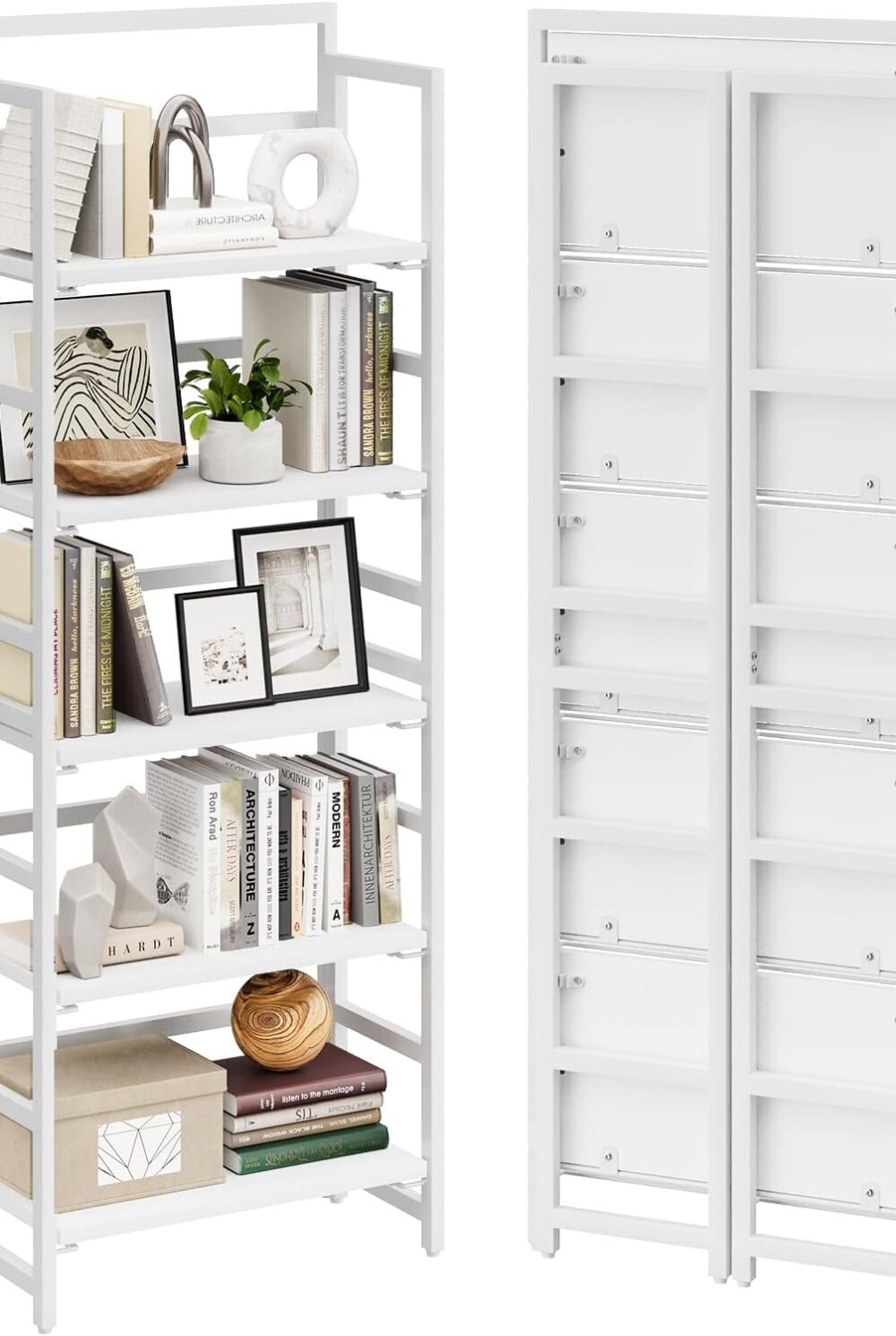 NUMENN 5-Tier Folding Bookshelf, Splits Into 2 Units, White | Easy Assembly Bookcase, Multifunctional Collapsible Shelves, Space Saving Storage for Living Room, Bedroom, Office