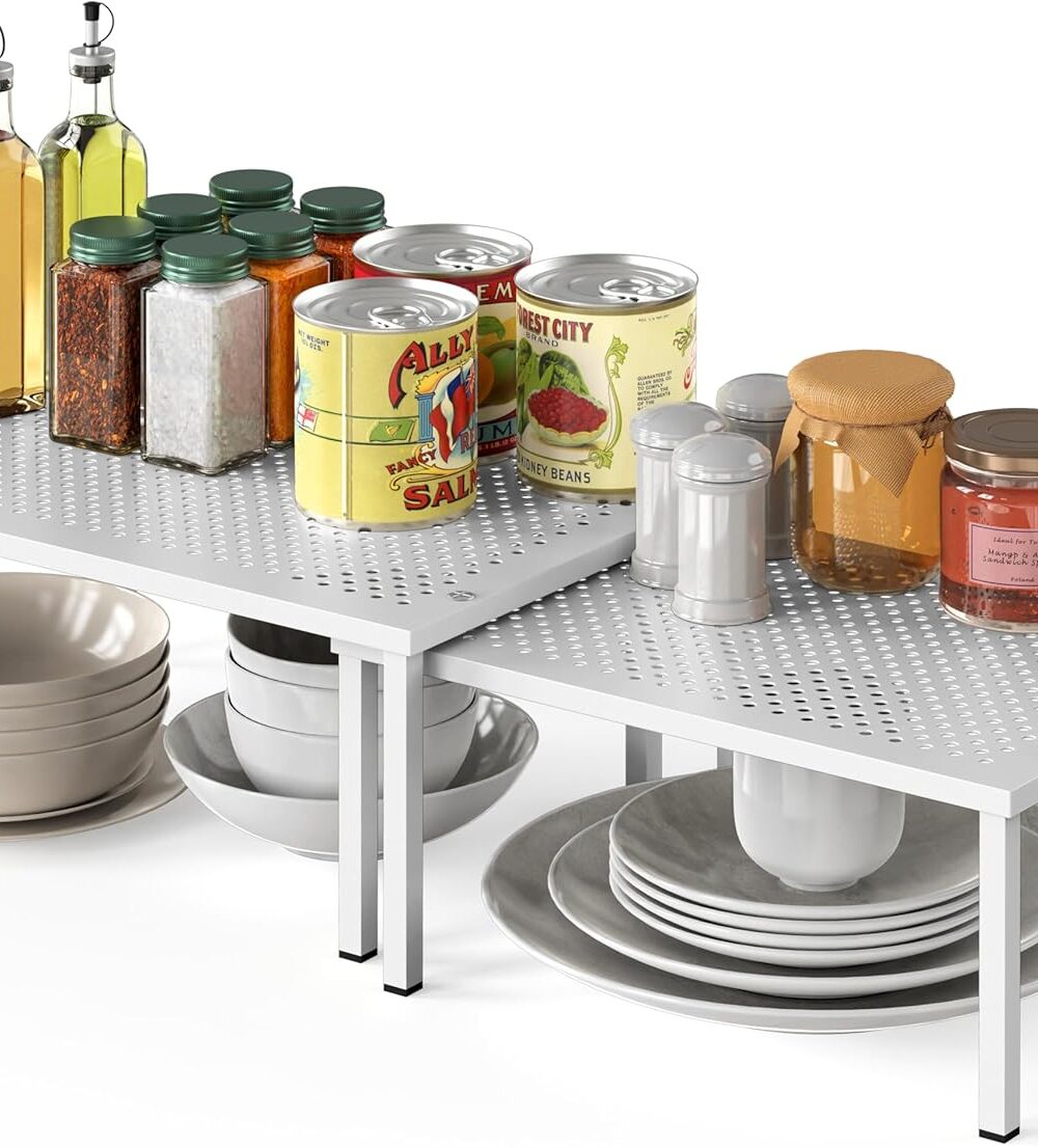 Simple Houseware Expandable Stackable Kitchen Counter Shelf Organizer, White, Metal Top, 11.25"L x 7.9"W x 5.4"H | Expandable & Stackable 9" D x 12.75" W x 5.9" H