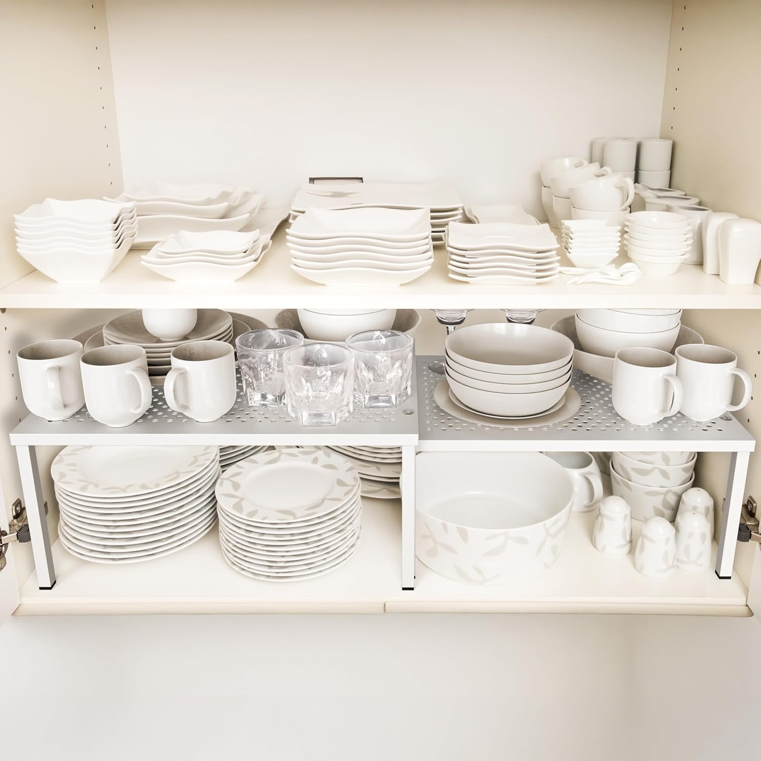 Simple Houseware Expandable Stackable Kitchen Counter Shelf Organizer, White, Metal Top, 11.25"L x 7.9"W x 5.4"H | Expandable & Stackable 9" D x 12.75" W x 5.9" H - Image 2