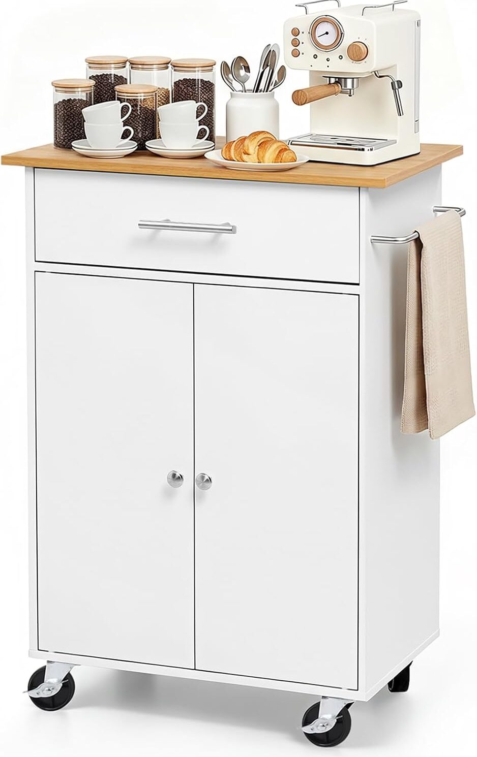 VEVOR Kitchen Island Cart with Storage, 24.84 in Wide Mobile Rolling Storage Island on Swivel Wheels, with Drawer, Storage Cabinet, Towel Rack, Hooks, Table for Home Dining Room, White